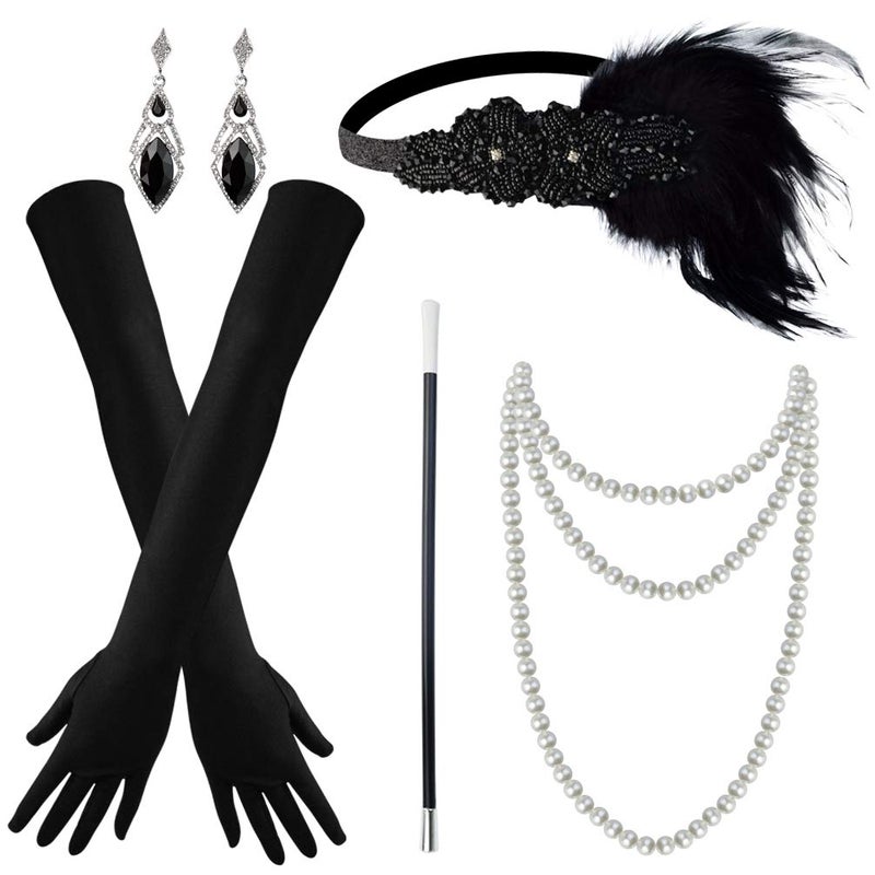 Tongcloud 1920s Women Accessories Headband Necklace Gloves Flapper Costume Set 1920s Accessories for Women (Black) - Image 1
